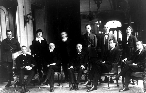 The Australian delegation to the Paris Peace Conference, 1919. Front (left to right): JG Latham, Sir Joseph Cook (Minister for Navy); WM Hughes (Prime Minister); Sir Robert Garran (Solicitor-General); P Deane (delegation secretary); and FW Eggleston (standing back left)