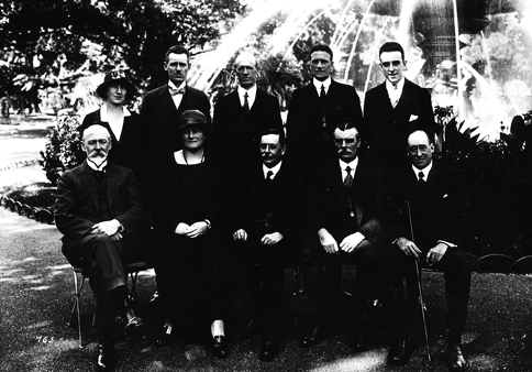 The Australian delegation to the League of Nations, Geneva, 1924. Front (left to right): Sir Joseph Cook (High Commissioner in London); SM Allan (substitute delegate); Sir Littleton Groom (Attorney-General, leader); M Charlton (Leader of the Opposition); Sir William McBeath (substitute delegate). Standing (second left): OCW Fuhrman (delegation secretary); (centre): GS Knowles (adviser); (second right): WH Bale (adviser). [National Library of Australia]