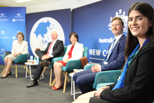 Their Excellencies, the Governor-General of Australia and Mrs Hurley, DFAT Secretary, Ms Frances Adamson, alumni Ellen Schulz and Nick de Bres and 2021 Scholar Gemma Campbell
