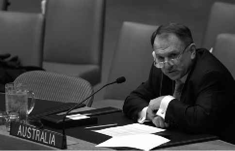The Australian Permanent Representative to the United Nations, John C Dauth, addresses the UN Security Council, New York, 20 February 2003. [UN Photo/Mark Garten]