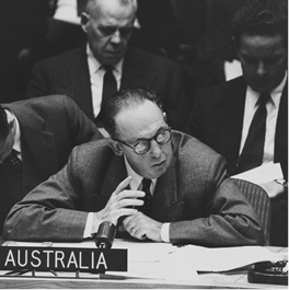 The Australian Permanent Representative to the United Nations, Dr E Ronald Walker, speaks during the Suez debate in the UN Security Council, New York, 8 November 1956. [UN Photo/AF]
