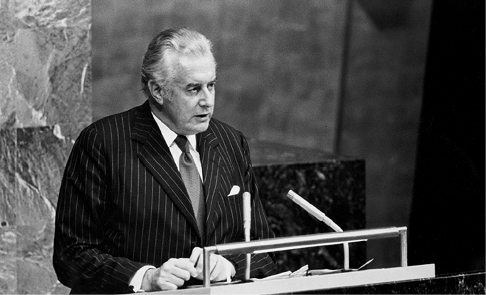 The Australian Prime Minister, E Gough Whitlam, addressing the UN General Assembly, New York, 30 September 1974. [National Archives of Australia]