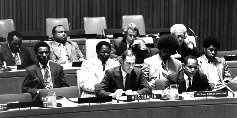 The Australian Representative, Duncan Campbell (left), and the Special Representative of Papua New Guinea, and Minister for Defence, Foreign Relations and Trade, Albert Maori Kiki (right), reply to questions on conditions in Papua New Guinea in the Trusteeship Council, New York, 16 October 1974. [UN Photo/M Tzovaras]