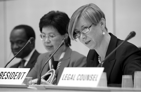 The Australian Secretary of the Department of Health and Ageing and President of the 60th World Health Assembly, Jane Halton (right), addresses the closing plenary session with the Director-General of the World Health Organization, Dr Margaret Chan (second left), Geneva, 23 May 2007. [WHO/Chris Black]