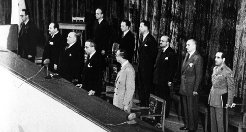 The opening ceremony of the Third Session of UNESCO's General Conference, Beirut, December 1948. Left to right: Dr ER Walker (Australia); Dr Francisco del Rio y Cañedo (Mexico); the President of Lebanon, Sheik Bechara el-Khoury; unidentified official; and the Director-General of UNESCO, Dr Julian Huxley. [UNESCO]