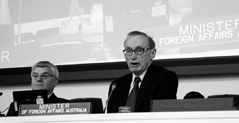 The Australian Minister for Foreign Affairs, Senator Bob Carr (right), speaking at the General Assembly's thematic debate on disaster prevention and response. Beside him is the Director of the General Assembly and the Economic and Social Council (ECOSOC) Affairs Division, Ion Botnaru, New York, 12 April 2012. [UN Photo/Devra Berkowitz]