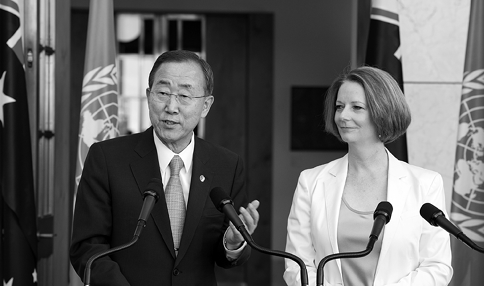 The Australian Prime Minister, Julia Gillard (right), and the UN Secretary-General, Ban Ki-moon, brief the press following their meeting in Canberra, 2 September 2011. [UN Photo/Eskinder Debebe]