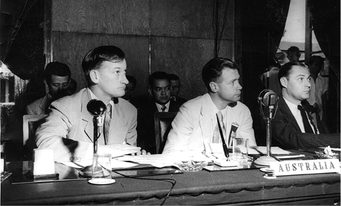 The Secretary of the Department of External Affairs, John W Burton (centre), accompanied by the counsellor, UN division, within the department, Arthur H Tange (left), and the Australian Consul-General in Manila, J Keith Waller (right), attend the Baguio Conference, held to foster mutual protection and aid between Asian nations, Luzon, the Philippines, May 1950. Both attendees with Burton would also go on to head the department: Tange (1954–1965) and Waller (1970–74). [Department of Foreign Affairs and T