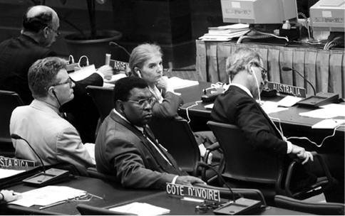 The Australian Ambassador for the Environment and Permanent Representative to the United Nations in Geneva, Penny A Wensley (back centre), with Australian officials, Charles Mott (back right) and Dr Peter Howarth (front left), at the UN Global Conference on the Sustainable Development of Small Island Developing States, Barbados, 1994. [Department of Foreign Affairs and Trade]