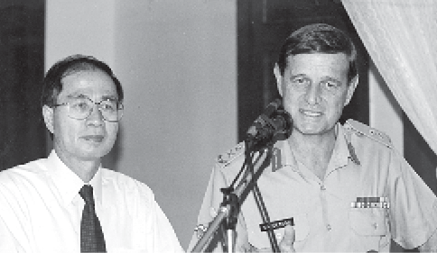 The Australian UNTAC Force Commander, Lieutenant-General John Sanderson (right), and the Japanese Special Representative of the Secretary-General, Yasushi Akashi, speak to the press early in the UNTAC mission, Phnom Penh, 1992. [John Sanderson]