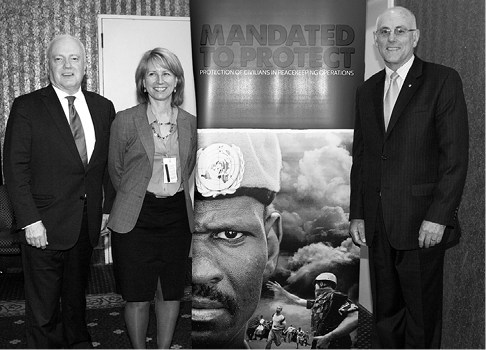 The Australian Permanent Representative to the United Nations, Gary Quinlan (left), the head of the New York Office of the UN Institute for Training and Research (UNITAR), Yvonne Lodico (centre), and the Executive Director of Australia's Asia Pacific Civil-Military Centre of Excellence, Michael G Smith, at the launch of the Australian-UNITAR documentary, Mandated to Protect: Protection of Civilians in Peacekeeping Operations, New York, 3 November 2011. [Department of Defence/Trevor Collens]