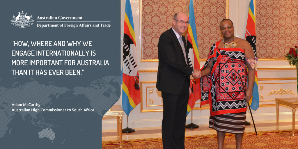 Photo of Adam McCarthy and quote: How, where and why we engage internationally is more important for Australia than it has ever been.