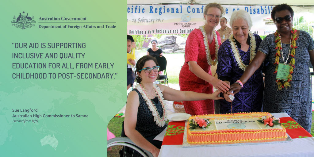 Photo of Sue Langford and quote: Our aid is supporting inclusive and quality education for all, form early childhood to post-secondary.
