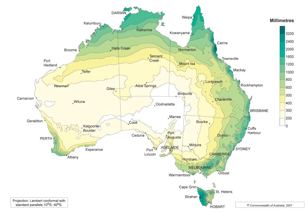 During the 30 years covered by this map the majority of rainfall fell on the coastal regions of Australia with the highest falls in Far North Queensland and western Tasmania.  Central Australia was the driest region with little to no rainfall.