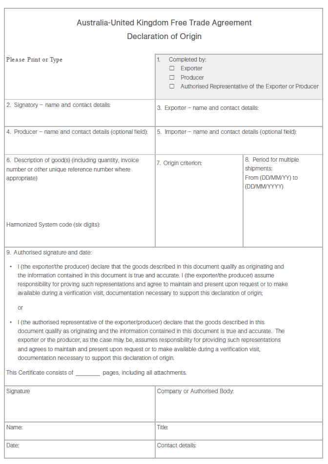 Details to provide for a declaration of origin