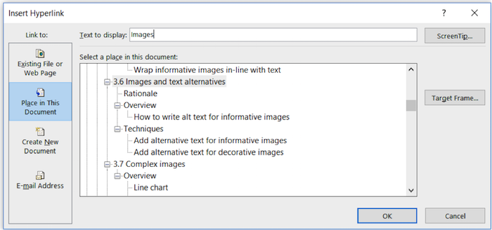 Screen shot of the insert hyperlink dialog with place in this document selected