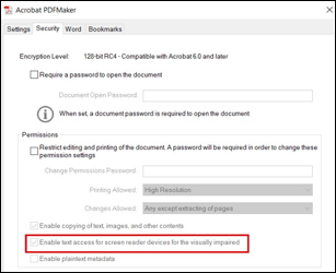 Screen shot of the security tab with the screen reader option is checked