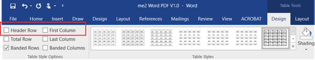 Screen shot of the design tab with the table style selected
