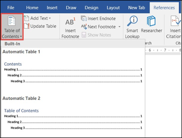 Screen shot of the references tab selected, with the table of contents selected