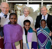 Photo of Australian Foreign Minister, Kevin Rudd with Dr Catherine Hamlin and Professor Gordon Williams and recovering patients at Addis Ababa Fistula Hospital while in Ethiopia