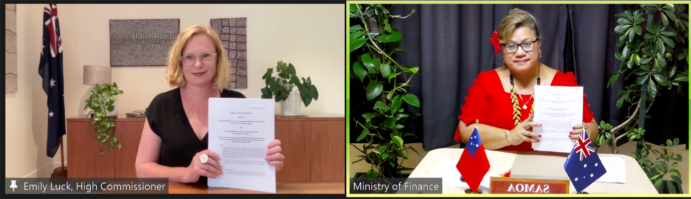 Screenshot of Australian High Commissioner Emily Luck and Samoan Minister of Finance Hon Mulipola Anarosa Molioo in a Zoom conversation.