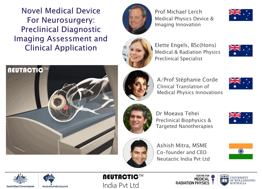 An infographic showing a transparent human figure in an imaging machine with the device positioned on head; also showing team members and their country. For more information contact ausindia.council@dfat.gov.au