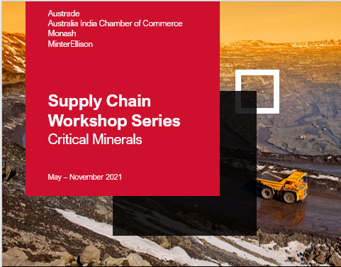 Supply Chain Workshop Series – Critical Minerals – May-November 2021, on a background of an open-cut mine with a mining tipper truck.