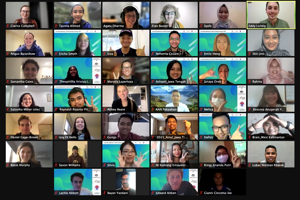 Screenshot of an online meeting of the 2021 cohort of the Australia-Indonesia Youth Exchange Program participants