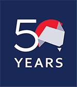 Australia–Japan Foundation 50 years logo on a dark blue background, featuring the number 50 with a stylized geometric map shape inside a red circle above the word ‘YEARS’