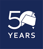 White Australia–Japan Foundation 50 years logo on a dark blue background, featuring the number 50 with a stylized geometric map shape above the word ‘YEARS’."