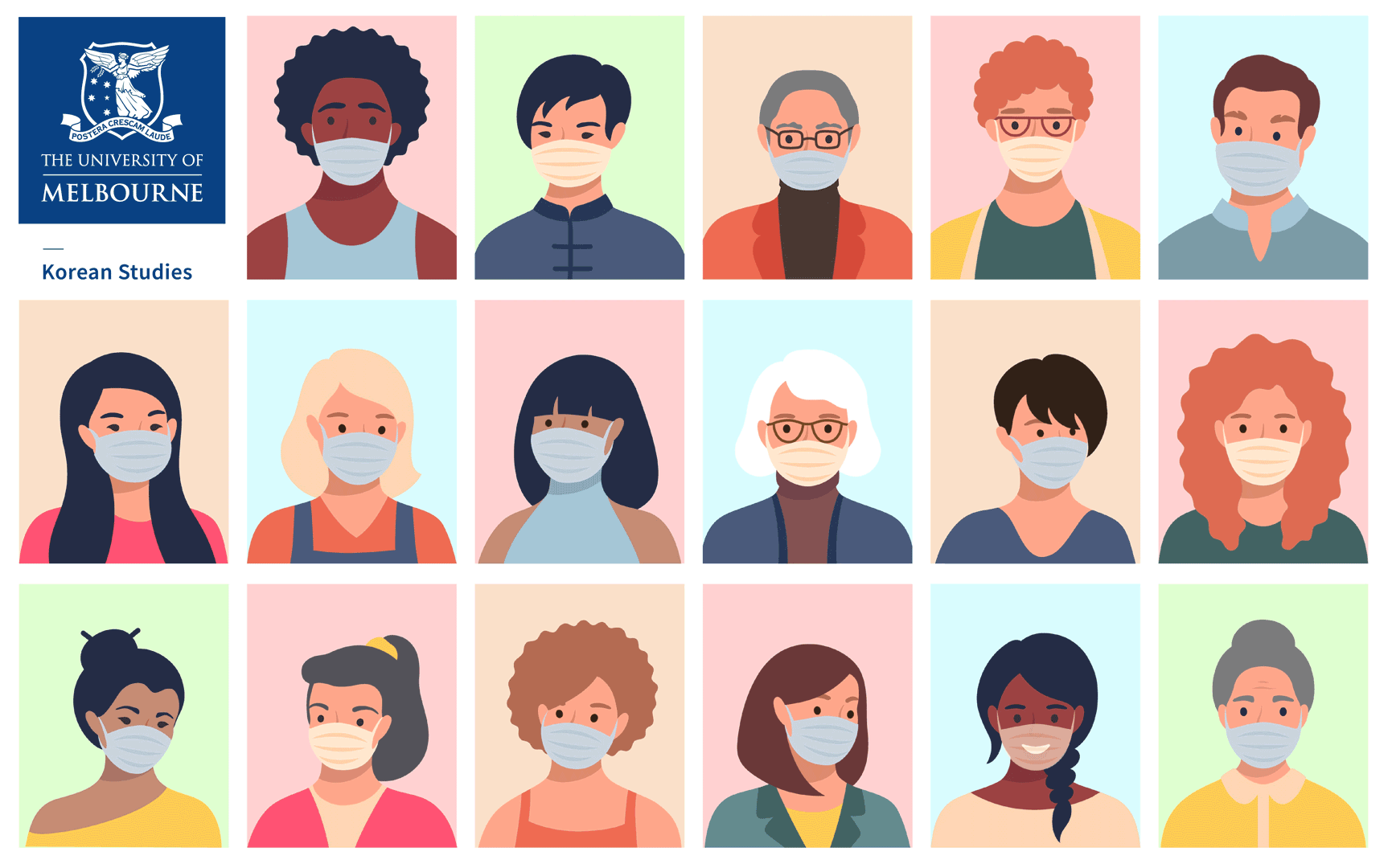 A collage of animated people wearing face masks. 