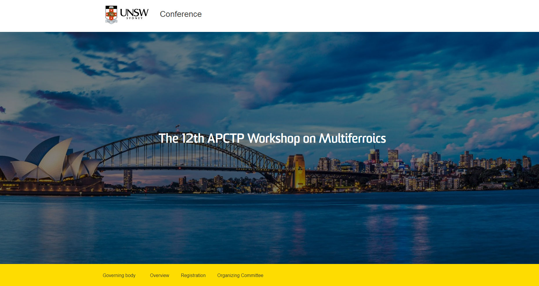 A promotion of the 12th APCTP Workshop on Multiferroics featuring a photo of  Sydney Harbour – including the Opera House and Harbour Bridge.  