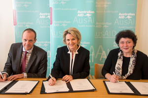 Minister Parke signed the ANCP Partnership Memorandum of Understanding with senior executives Scott Gilbert from Save the Children Australia and Lesley Podesta from The Fred Hollows Foundation