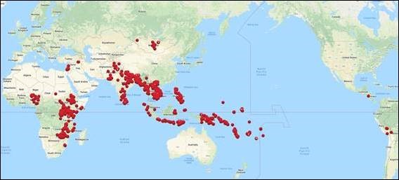 World Map with red dots for indications of where ANCP project locations were 2021-22.