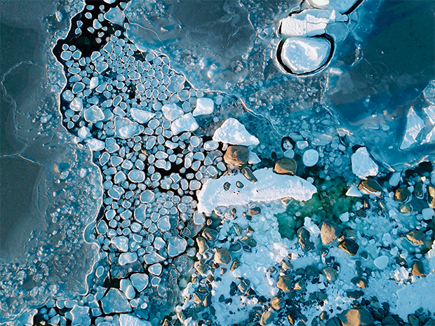 Ice particles in a very cold water