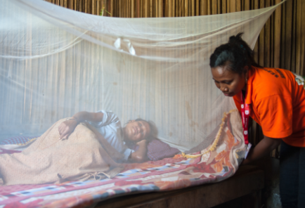 Older woman lying in bed, yonger woman arranging the mosquito net around the bed