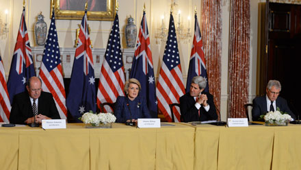 U.S. Secretary of State John Kerry, U.S. Secretary of Defense Chuck Hagel, Australian Foreign Minister Julie Bishop, and Australian Defence Minister David Johnston participate in the signing of a Statement of Principles and a joint press conference during the Australia-United States Ministerial Consultations at the U.S. Department of State in Washington, D.C., on November 20, 2013