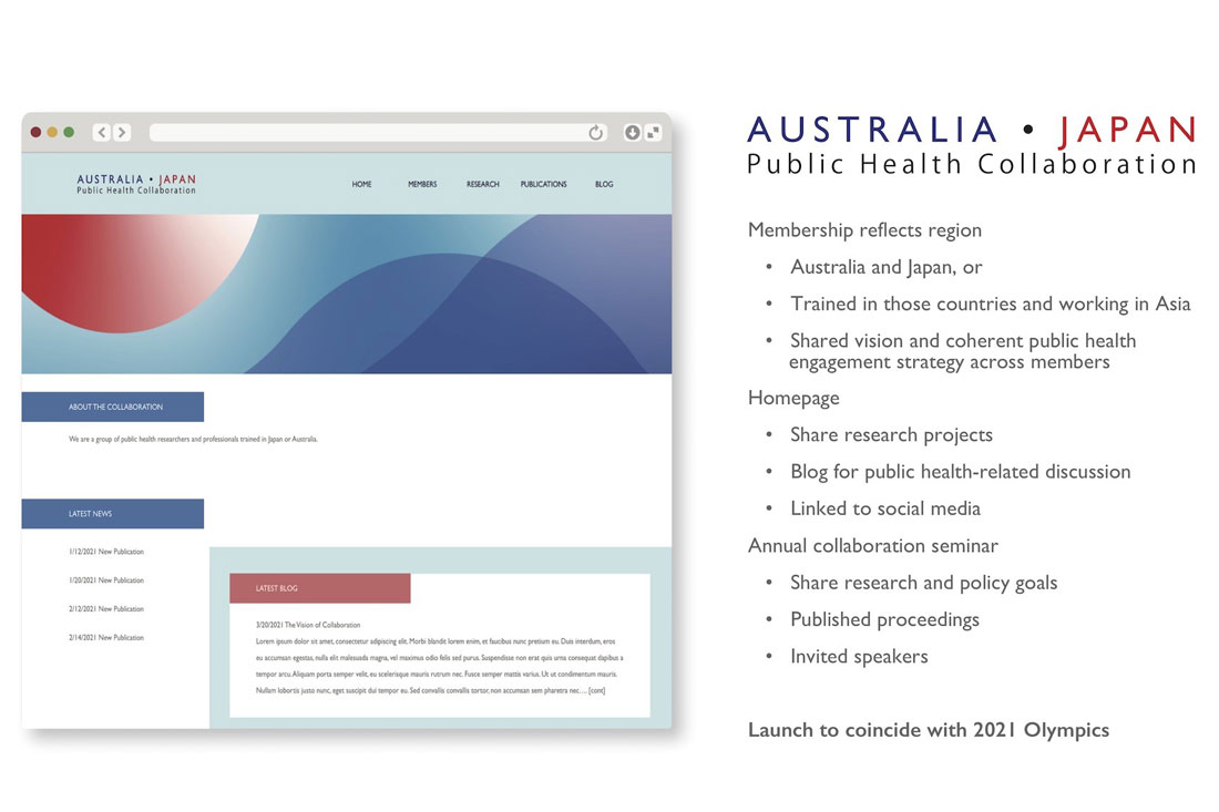 Screenshot of the goals and principles of the collaboration, and a vision for the Development of the Australia-Japan Public Health Collaboration project website.
