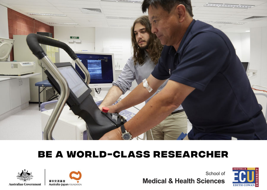 Two people using exercise and sports equipment at the School of Medical and Health Sciences, Edith Cowan University.