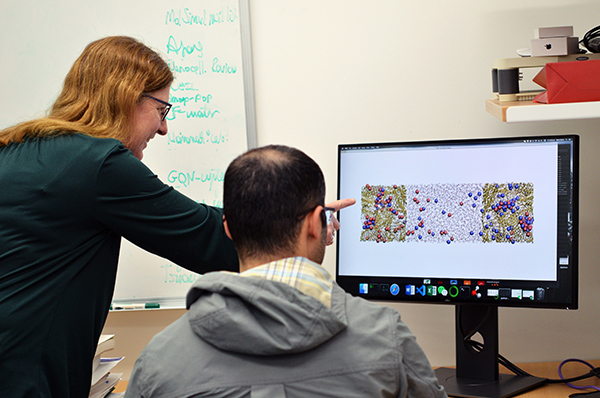 Two people study a computer screen