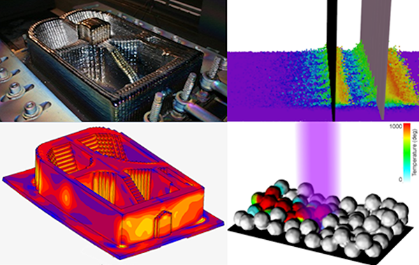 A large metal part produced by additive manufacturing, and computational simulations of the process.
