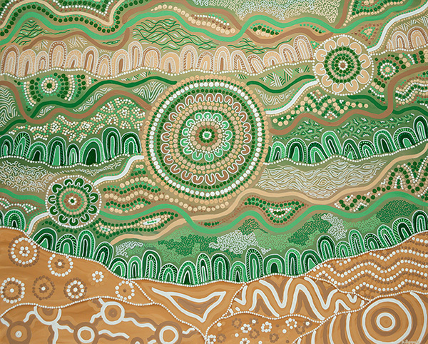 Aboriginal artwork featuring intricate dot painting in shades of green, beige, and earthy tones. The design includes concentric circles, wavy lines, and organic patterns symbolizing landscapes and cultural stories, with layered textures creating a sense of movement and connection.