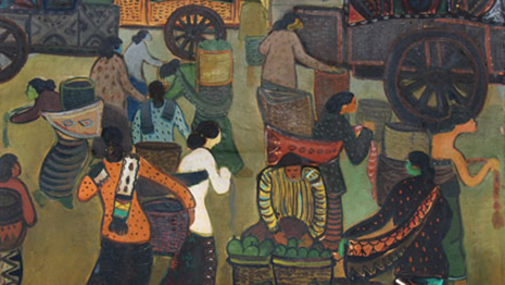 Painting of people shopping at a market