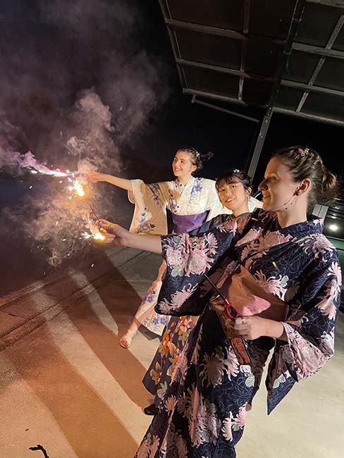 Beatrice and friends dressed in yukata celebrating the end of exams