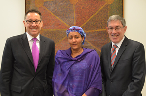 Photo of Senator Mason, Amina Mohammed, and Ewen McDonald
