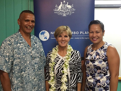 Foreign Minister Bishop with Henry and Hosking in front of a New Colombo Plan banner