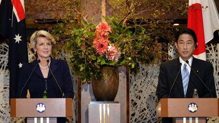 Julie Bishop with Japanese Minister for Foreign Affairs Fumio Kishida at a joint media conference in Tokyo.