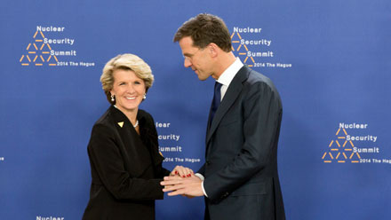 Minister Bishop is welcomed at the Nuclear Security Summit by Mr Mark Rutte, Prime Minister of the Netherlands