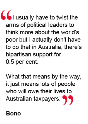 I usually have to twist the arms of political leaders to think more about the worlds poor but I actually dont have to do that in Australia, theres bipartisan support for 0.5 per cent. What that means by the way, it just means lots of people who will owe their lives to Australian taxpayers. Bono