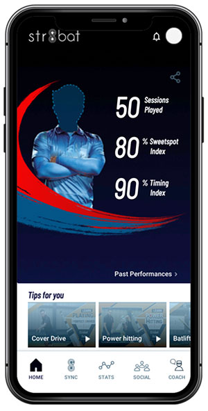 Graphic of a phone with Sports tech Str8bat app open on the screen. 